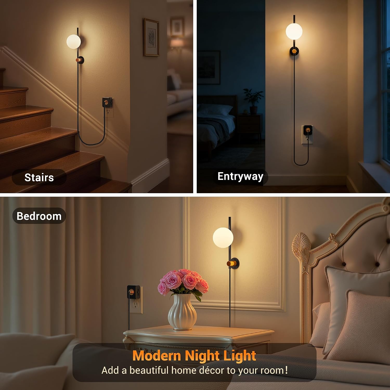 JandCase Night Lights Plug into Wall, 3000K Round Milky Night Light with 1.5M Braided Cord, 0-100 LM Adjustable Plug in Nightlight, Auto…