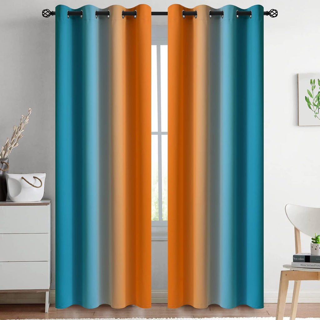 Yakamok Ombre Orange and Blue Curtains for Bedroom, Gradient Room Darkening Curtains, Grommet Thermal Insulated Light Blocking Window Drape…