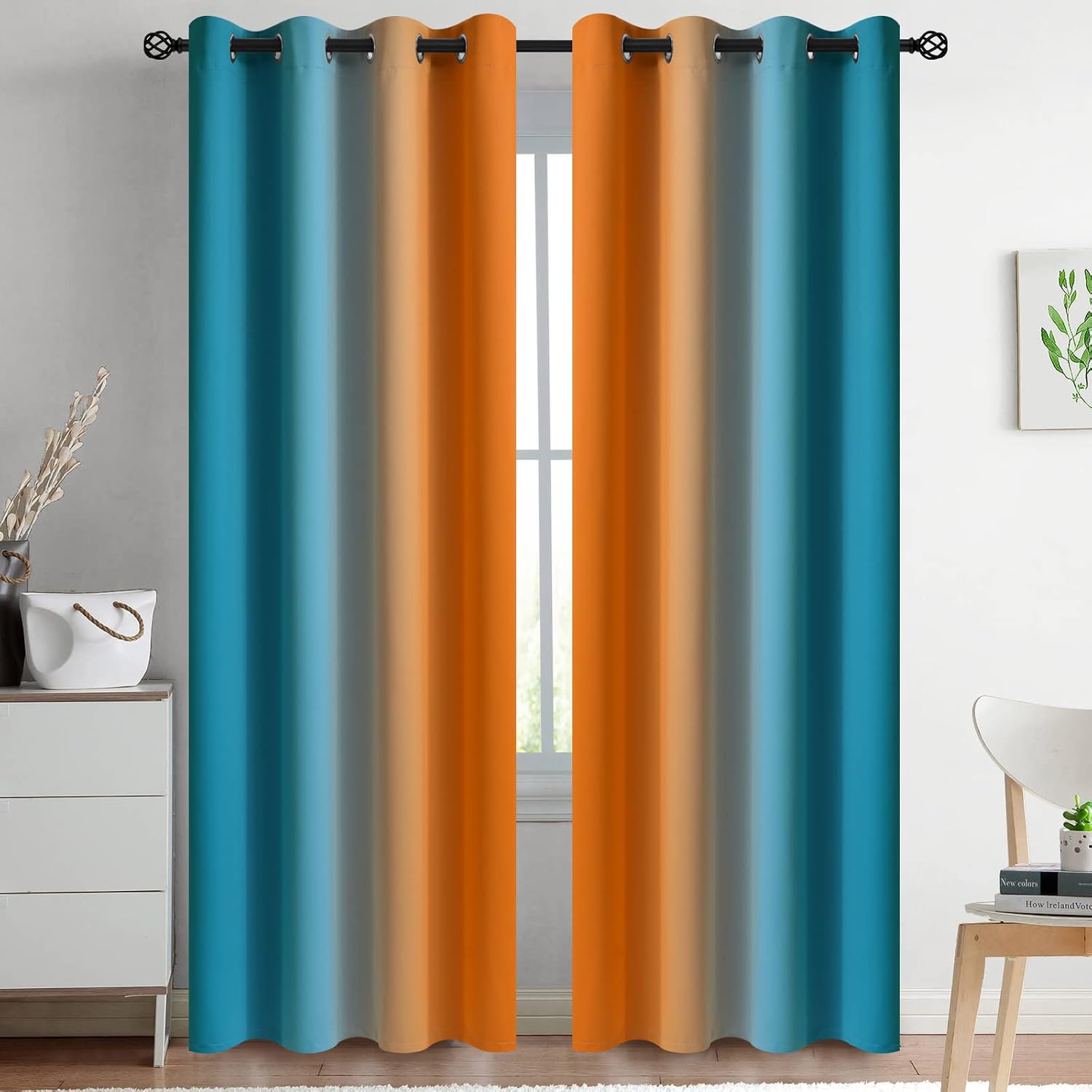 Yakamok Ombre Orange and Blue Curtains for Bedroom, Gradient Room Darkening Curtains, Grommet Thermal Insulated Light Blocking Window Drape…