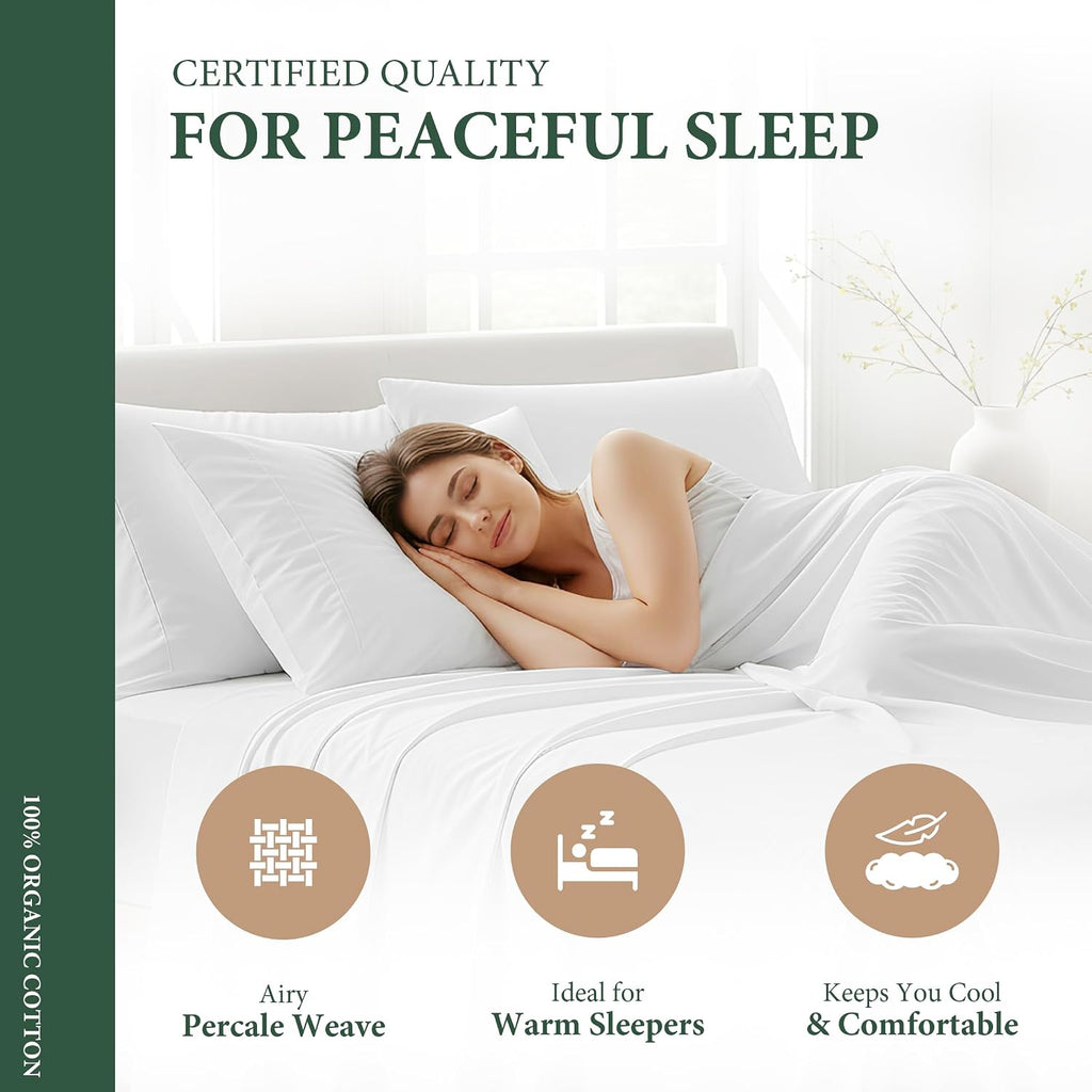 AshtonSheets 100% Organic Cotton Sheets Twin XL Size - Organic Cotton Twin XL Size Percale Weave Sheet Set (3 PC, White), Soft, Cooling, Cr…