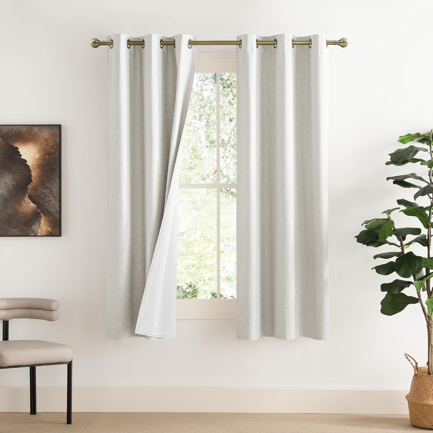 NICETOWN 100% Blackout Linen Texture Curtains 70 inches Long, Ivory, 2 Pcs, Thermal Insulated Full Blackout 2-Layer Lined Drapes, Energy…