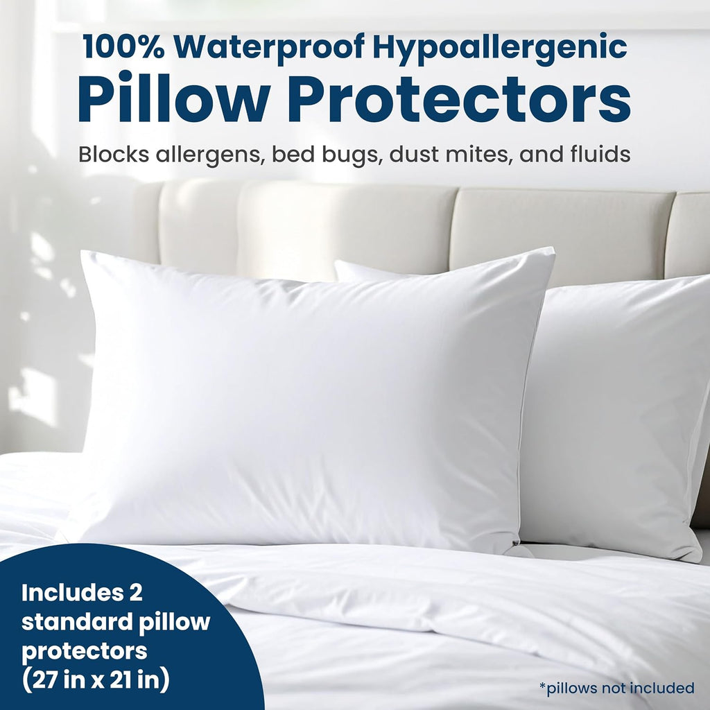 EverlastingComfort 100% Stain Resistant & Waterproof Standard Size Pillow Protectors with Zipper Set of 2 - Bed Bug & Dust Mite Proof White…