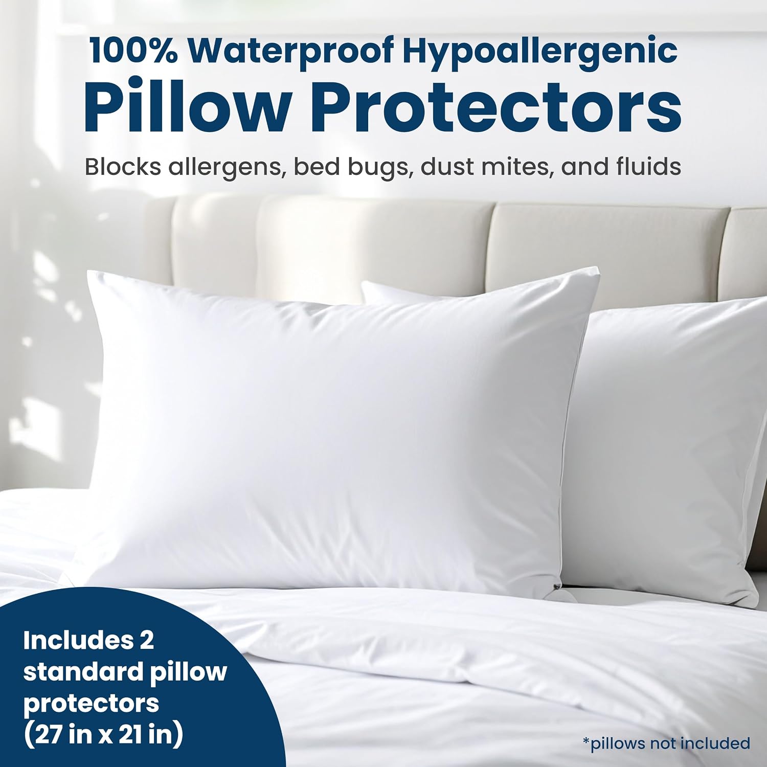 EverlastingComfort 100% Stain Resistant & Waterproof Standard Size Pillow Protectors with Zipper Set of 2 - Bed Bug & Dust Mite Proof White…