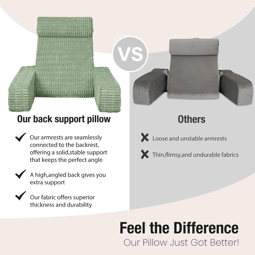 21" Reading Pillow for Bed Sitting Up, Back Support Pillow with Built-in Arms & Large Pockets, Washable Cover, Sage Green