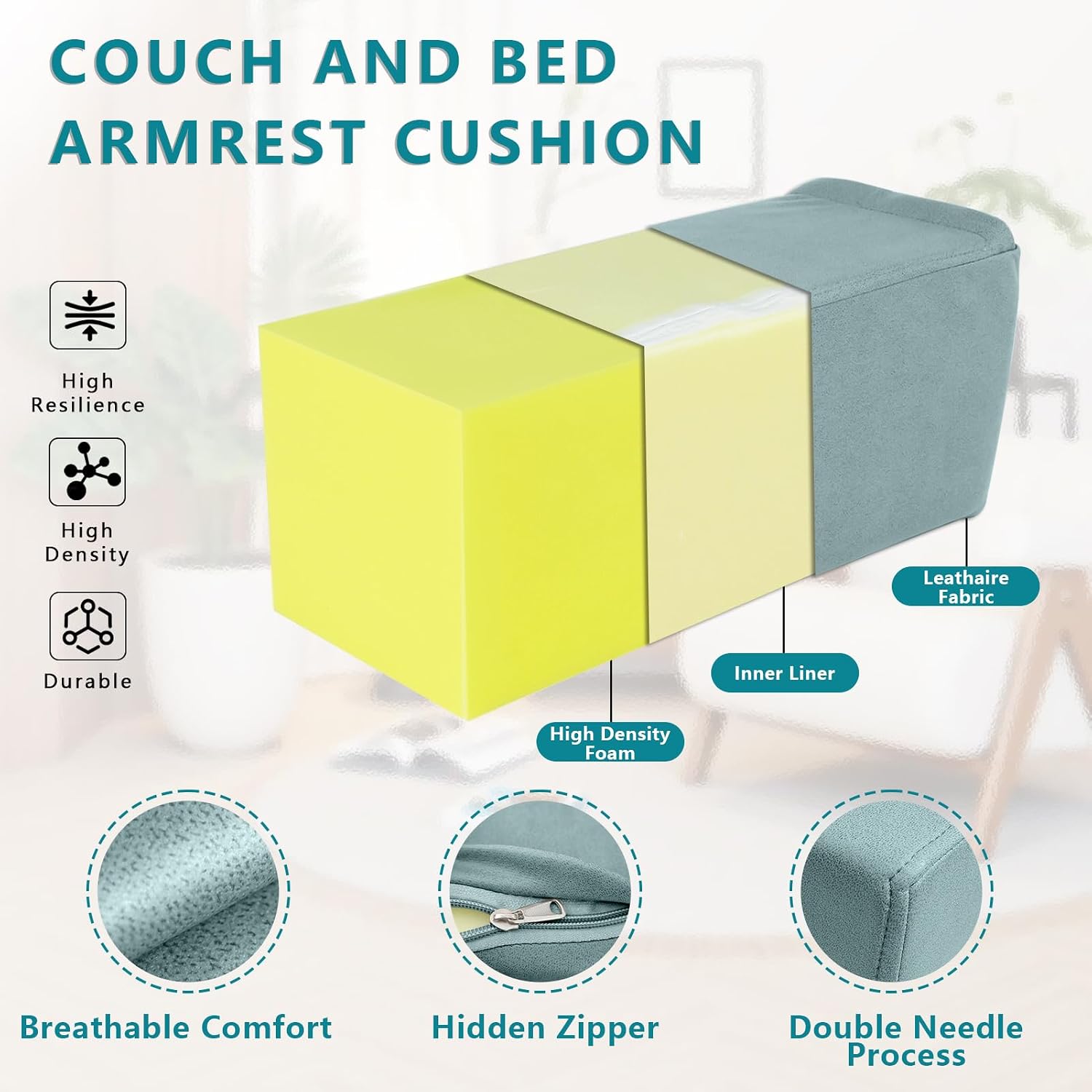 MMuteTouch 2 Pack Couch Arm Rest Pillow, 8''x8''x20'' Faux Leather Waterproof Cover, High Density Foam Armrest Cushion, Removable & Washabl…