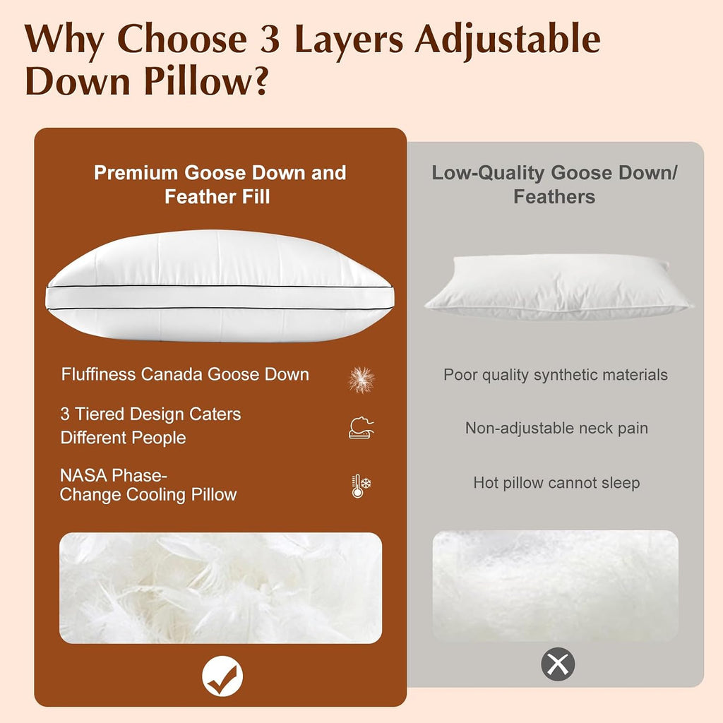 Davmabcjy 3 in 1 Adjustable Goose Down Pillows King Size Set of 1, Cooling Cover Bed Pillows, Fluffy Soft Feather Down Pillow for Ba…