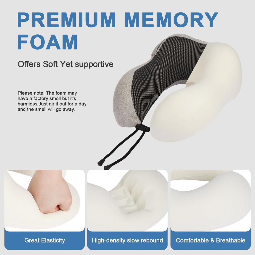 Travel Neck Pillow with 100% Light-Blocking Hood – Ergonomic Memory Foam Support Pillow for Airplane, Long Flights, Road Trips, Office…