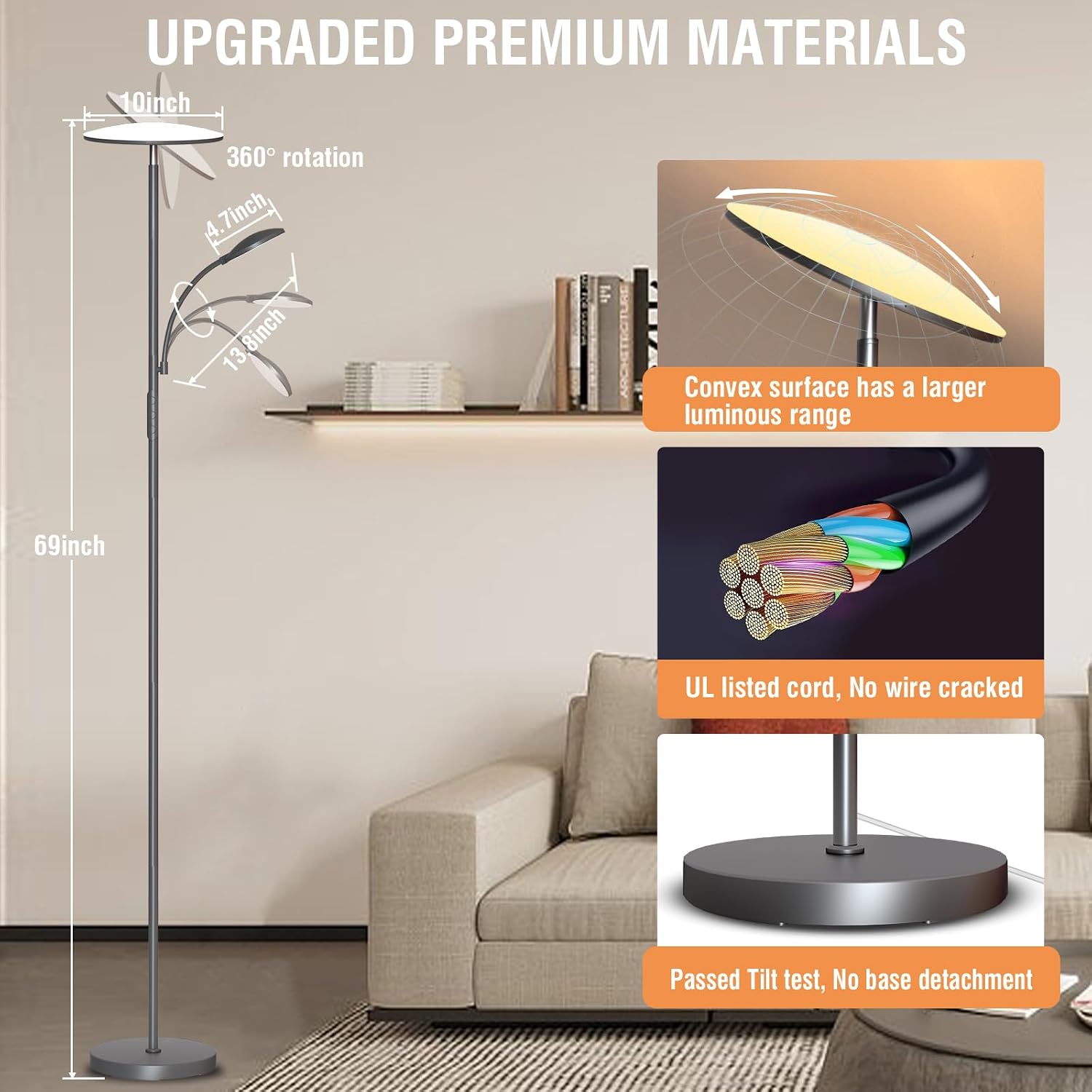 Marctronic Gray Floor Lamps for Living Room, 44W/4500LM Super Bright 2 in 1 LED Floor Lamp with Remote, Stepless Dimmable, 69" Tall Standin…