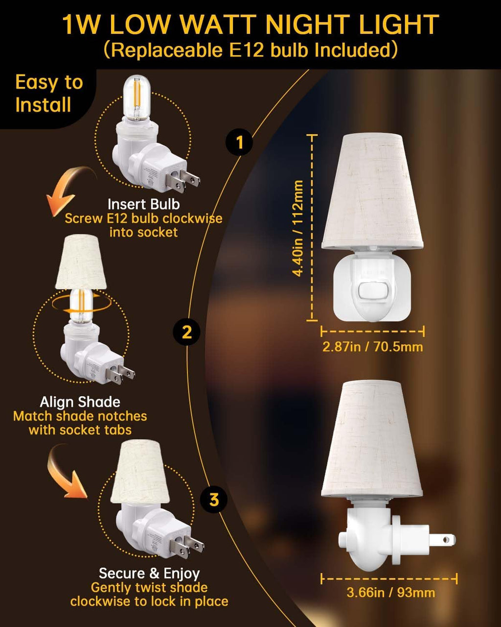 2-Pack Decorative Night Lights Plug into Wall, Vintage Night Light with Linen Shade & Replaceable Edison Bulb,2200K Warm White, Rotatable…