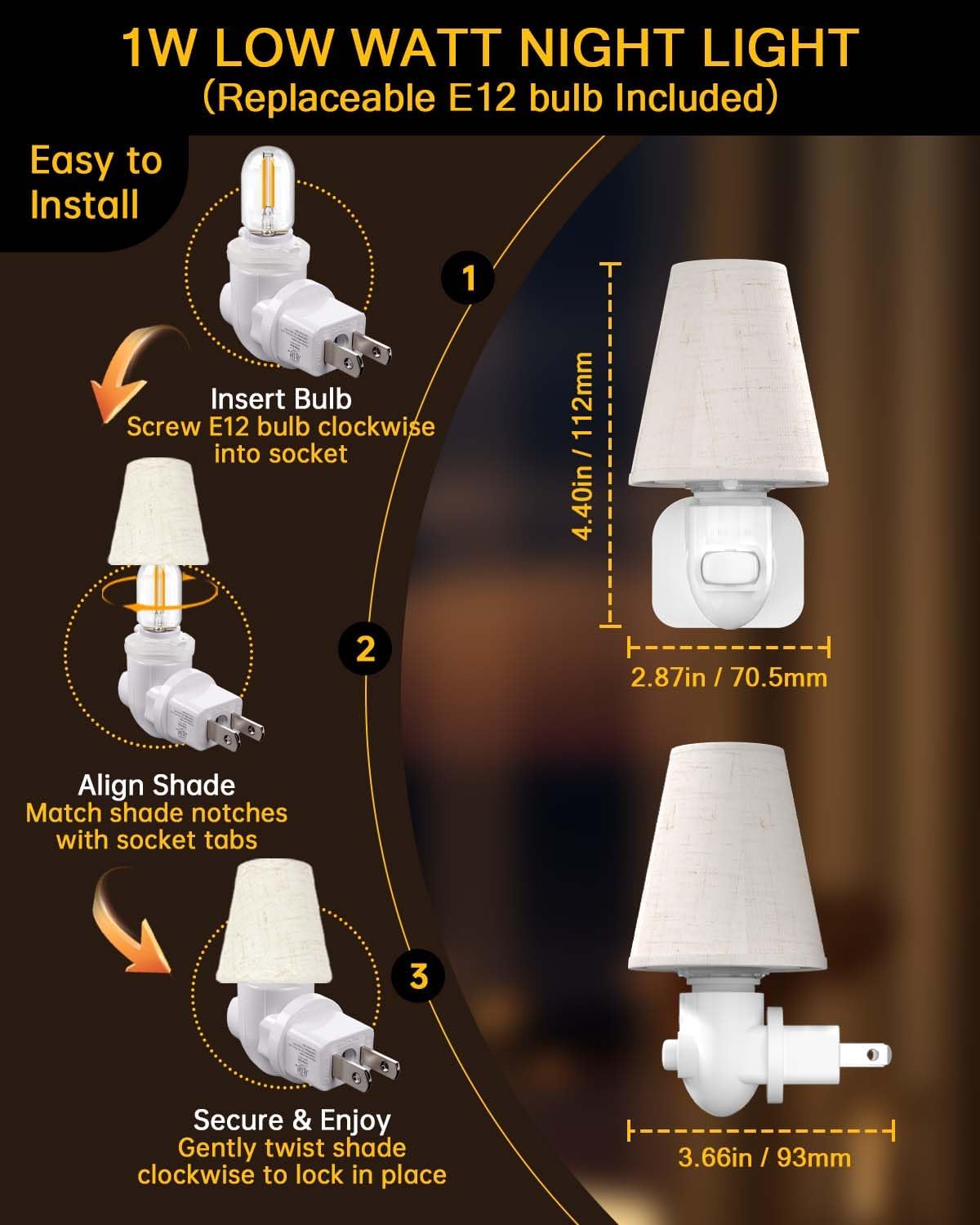2-Pack Decorative Night Lights Plug into Wall, Vintage Night Light with Linen Shade & Replaceable Edison Bulb,2200K Warm White, Rotatable…
