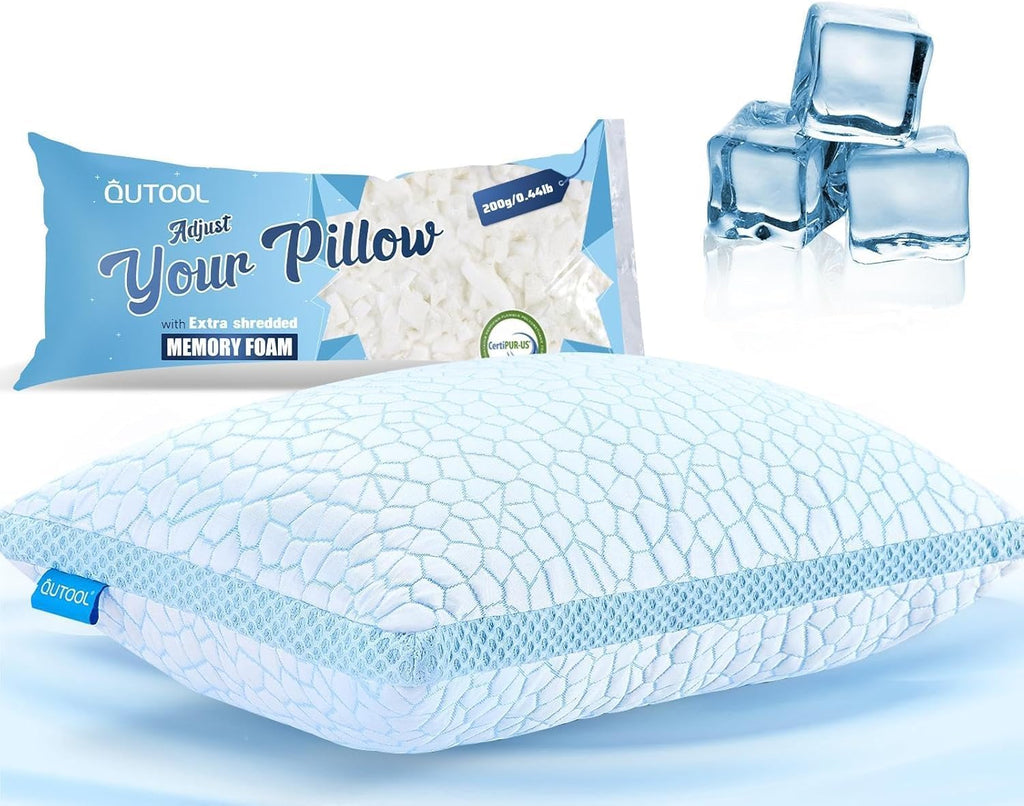 QUTOOL Cooling Pillows for Hot Sleeping, Shredded Memory Foam Pillows Queen Size Set of 1, Adjustable Soft & Firm Gel Bed Pillow for Side…