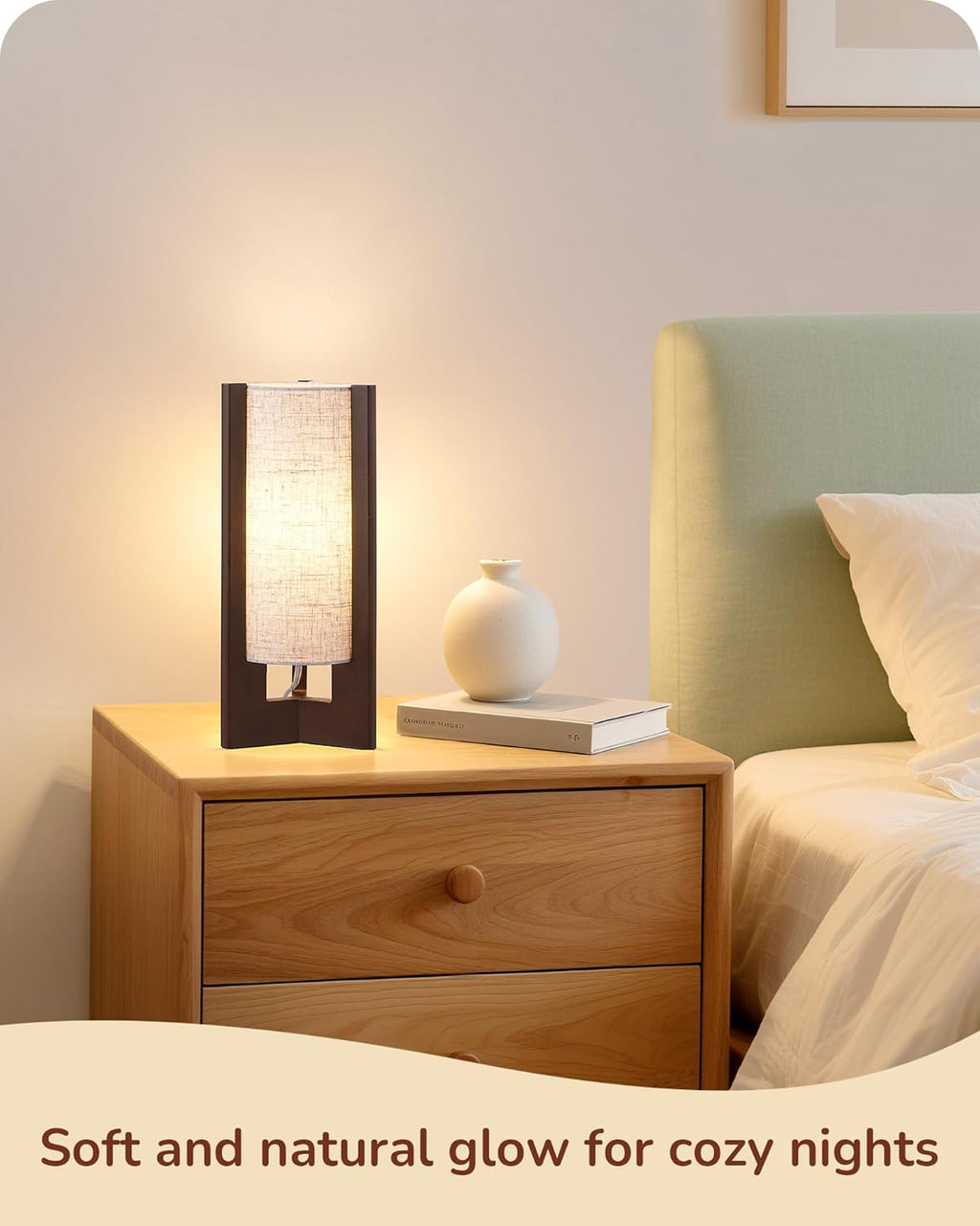 EDISHINE Wood Table Lamp, 13.5" Small Bedside Lamp, Beige Linen Shade, Rosewood Cylinder Nightstand Lamp for Bedroom Living Room, On-Off…