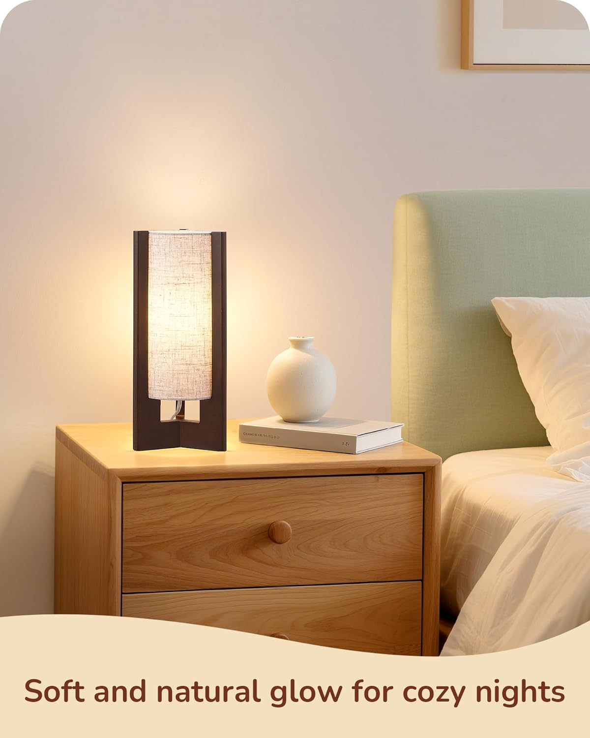 EDISHINE Wood Table Lamp, 13.5" Small Bedside Lamp, Beige Linen Shade, Rosewood Cylinder Nightstand Lamp for Bedroom Living Room, On-Off…
