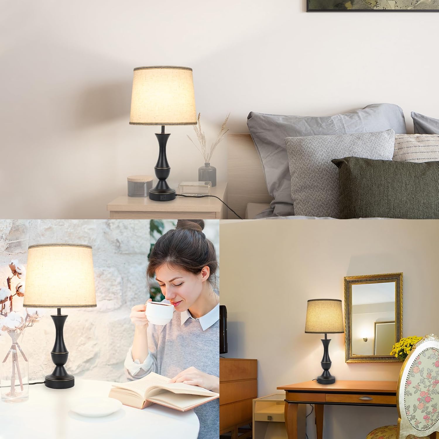 LALISU Touch Lamps for Bedrooms Set of 2, Farmhouse Table Lamp with USB C Charging Port, 3 Way Dimmable Nightstand Lamps with Linen…