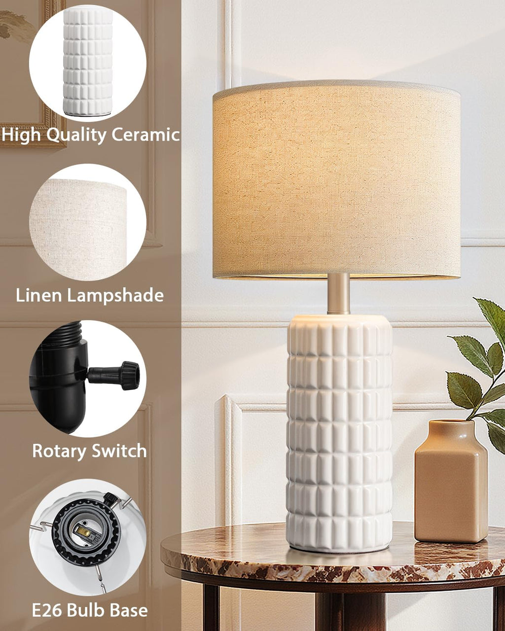 SeealleLighting Seealle 23" Modern Ceramic Table Lamps - Table Lamps for Living Room, Farmhouse Bedside Night Stands Lamp for Bedroom, Whit…
