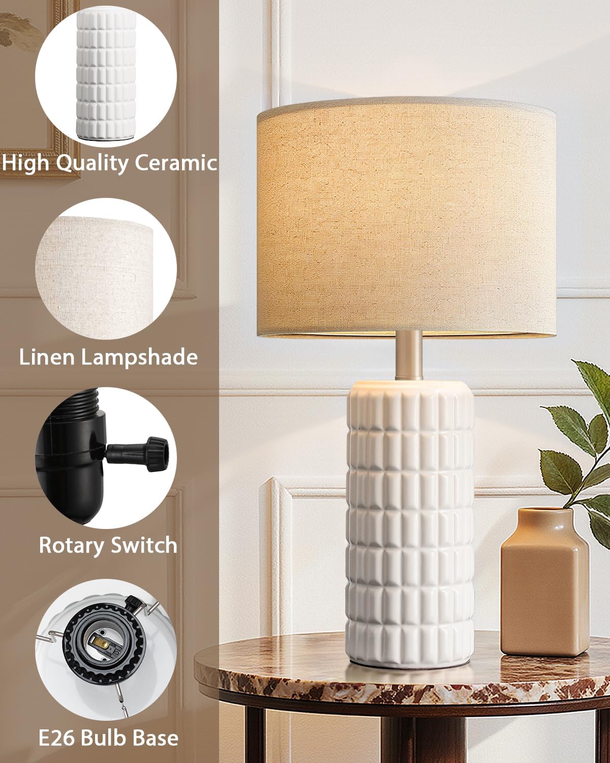 SeealleLighting Seealle 23" Modern Ceramic Table Lamps - Table Lamps for Living Room, Farmhouse Bedside Night Stands Lamp for Bedroom, Whit…