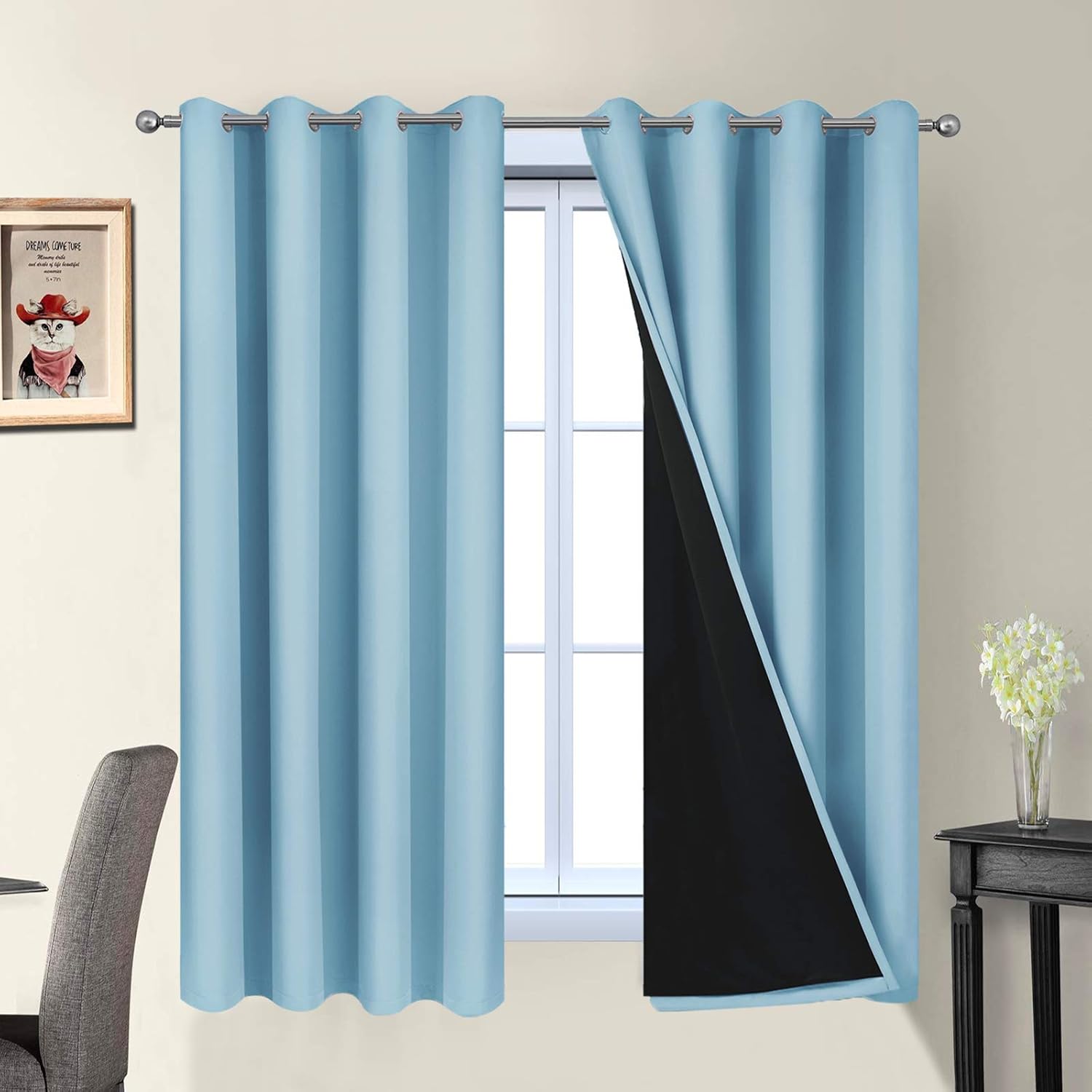Yakamok 100% Blackout Curtains Energy Saving Thermal Insulated 2 Thick Layers Completely Blackout Drapes with Black Liner for Bedroom (52Wx…