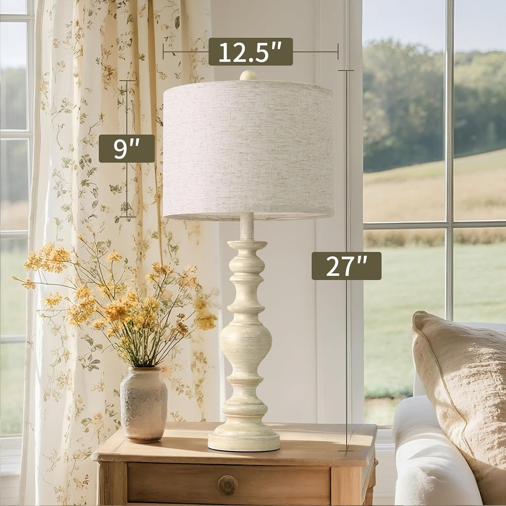 BOBOMOMO 27" Antique White Table Lamps Set of 2, Large Vintage Resin Lamps with Linen Shades, Farmhouse White Lamps for Bedroom, Living…