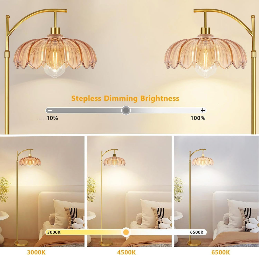 Vintage Floor Lamps for Living Room Glass Floor Lamp with Remote Control & 3 Color Temperature, Dimmable Floor Lamp Gold Mid Century…