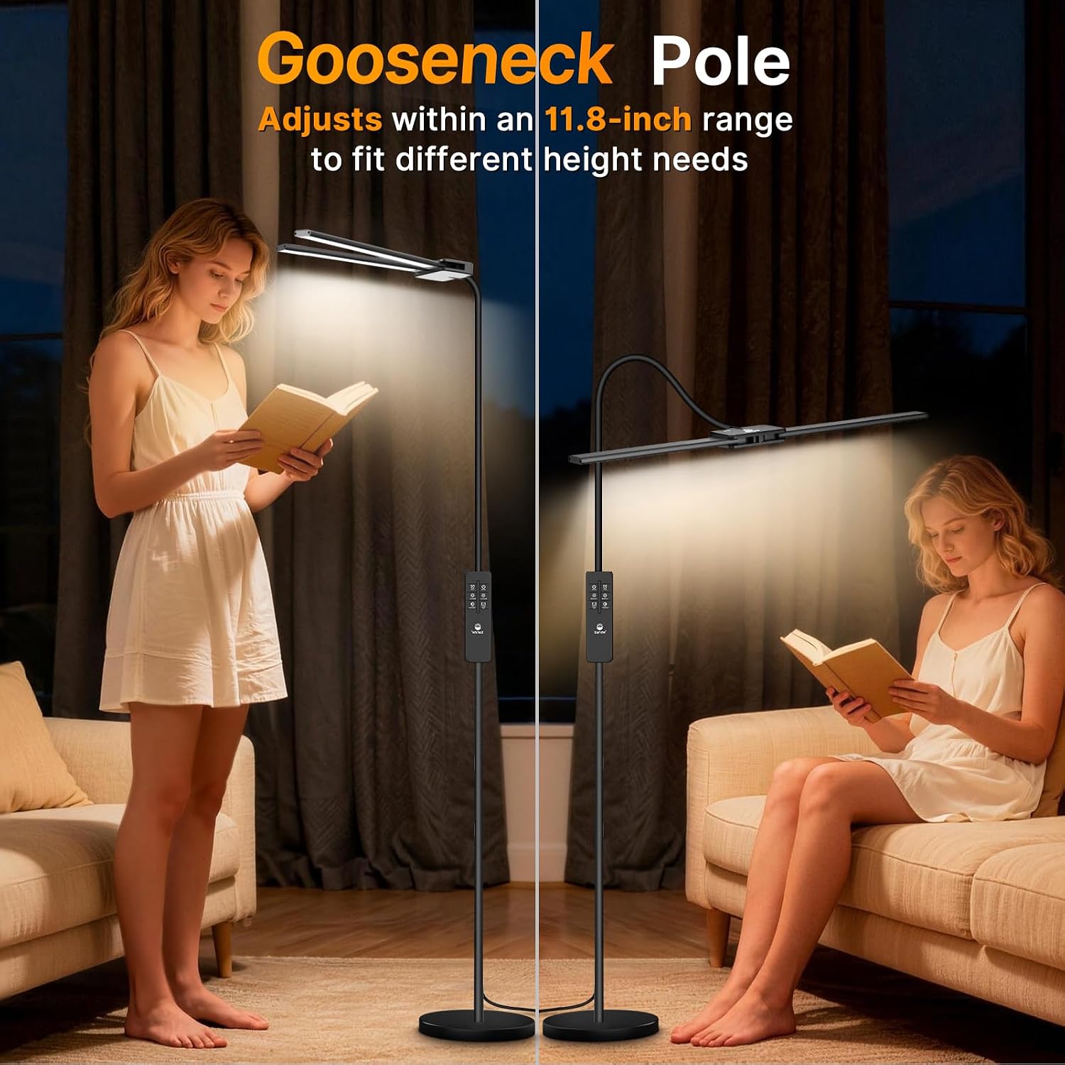 Syrinx LED Floor Lamp, 18W 2000LM Bright Reading Floor Lamp for Office, Gesture & Remote Control, Dual Head Goose-Neck Standing Lamp…