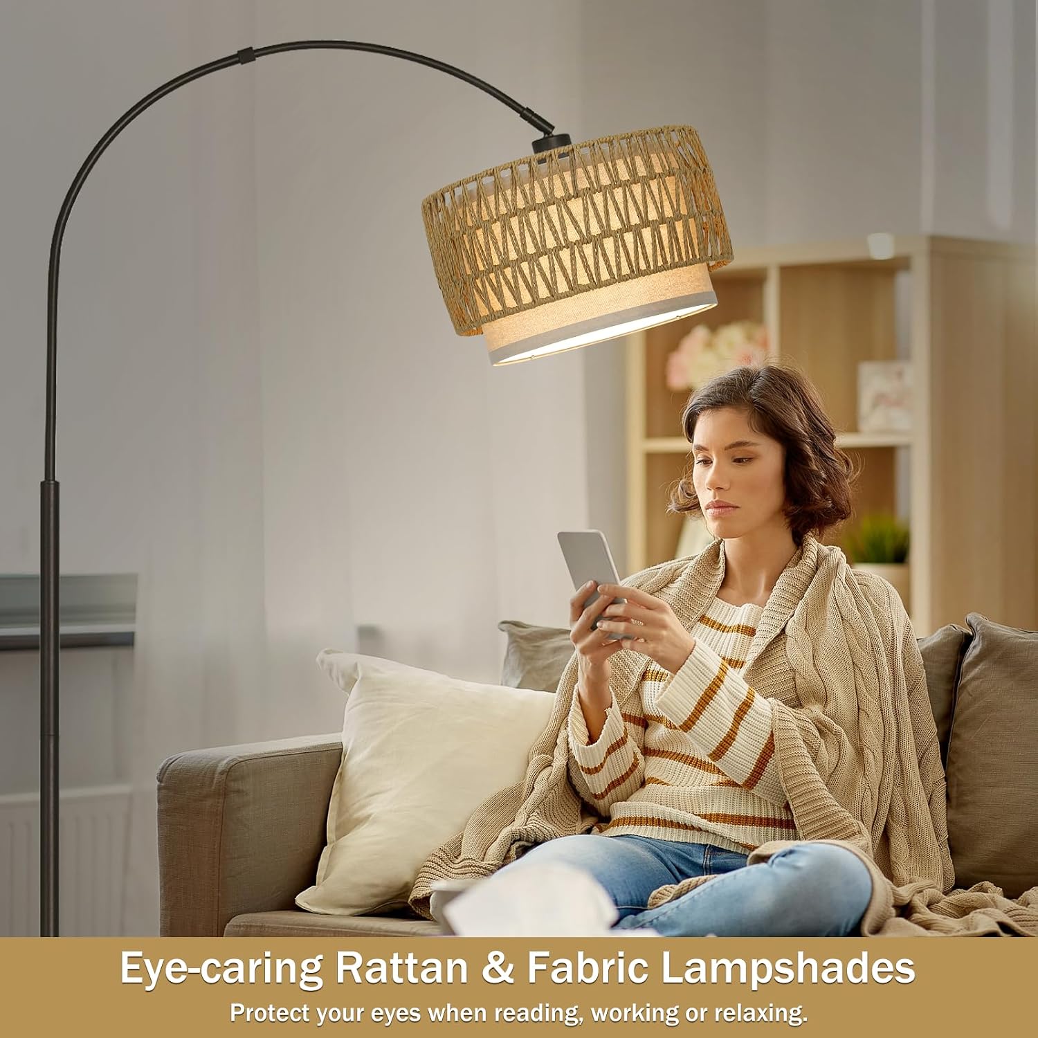 Rattan Floor Lamp, Dimmable Arc Floor Lamps for Living Room, Boho Farmhouse Standing Lamp with Adjustable Head, Tall Pole Lamp Reading…