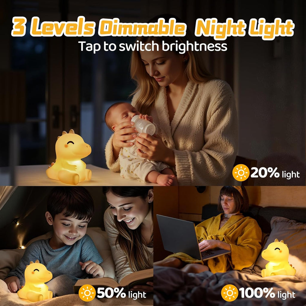 Mewaii Huggwaii Squishy Dinosaur Night Light for Kids, 4 White Noise Dimmable Silicone Kids Night Light, Long Battery Life Rechargeable Din…