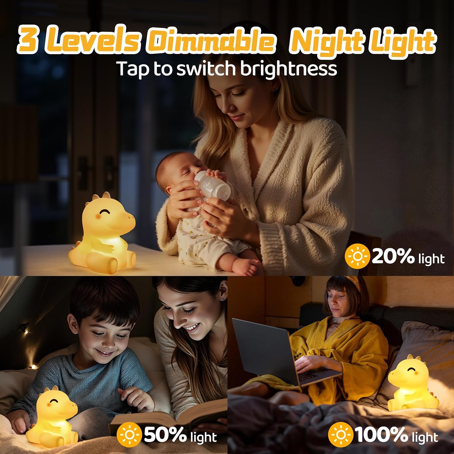 Mewaii Huggwaii Squishy Dinosaur Night Light for Kids, 4 White Noise Dimmable Silicone Kids Night Light, Long Battery Life Rechargeable Din…