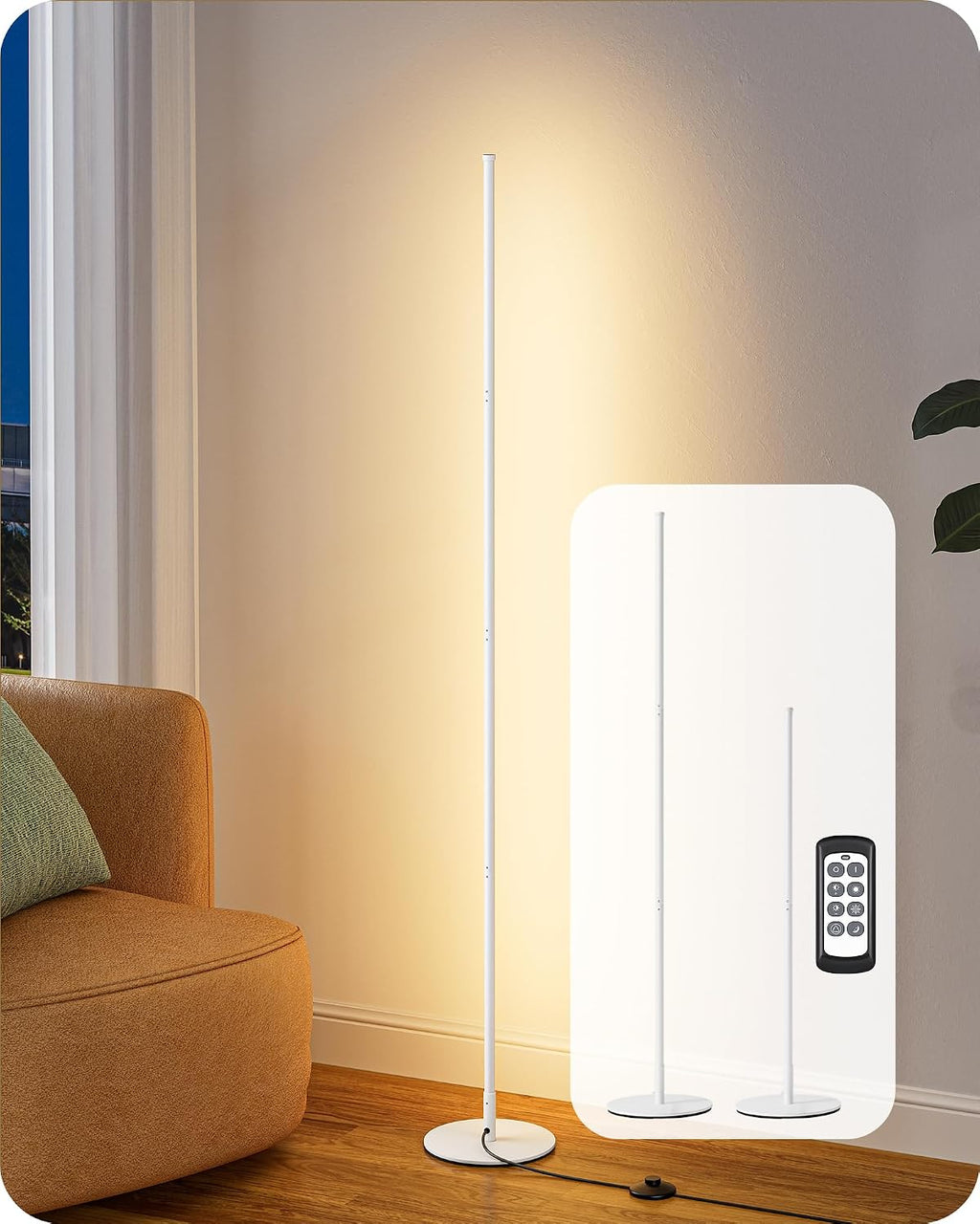 Edishine 59.8" Corner Floor Lamp, White Floor Lamp with Remote, 3 Height Settings, 3 Color Temperature & Stepless Dimming, Foot Switch, Sli…