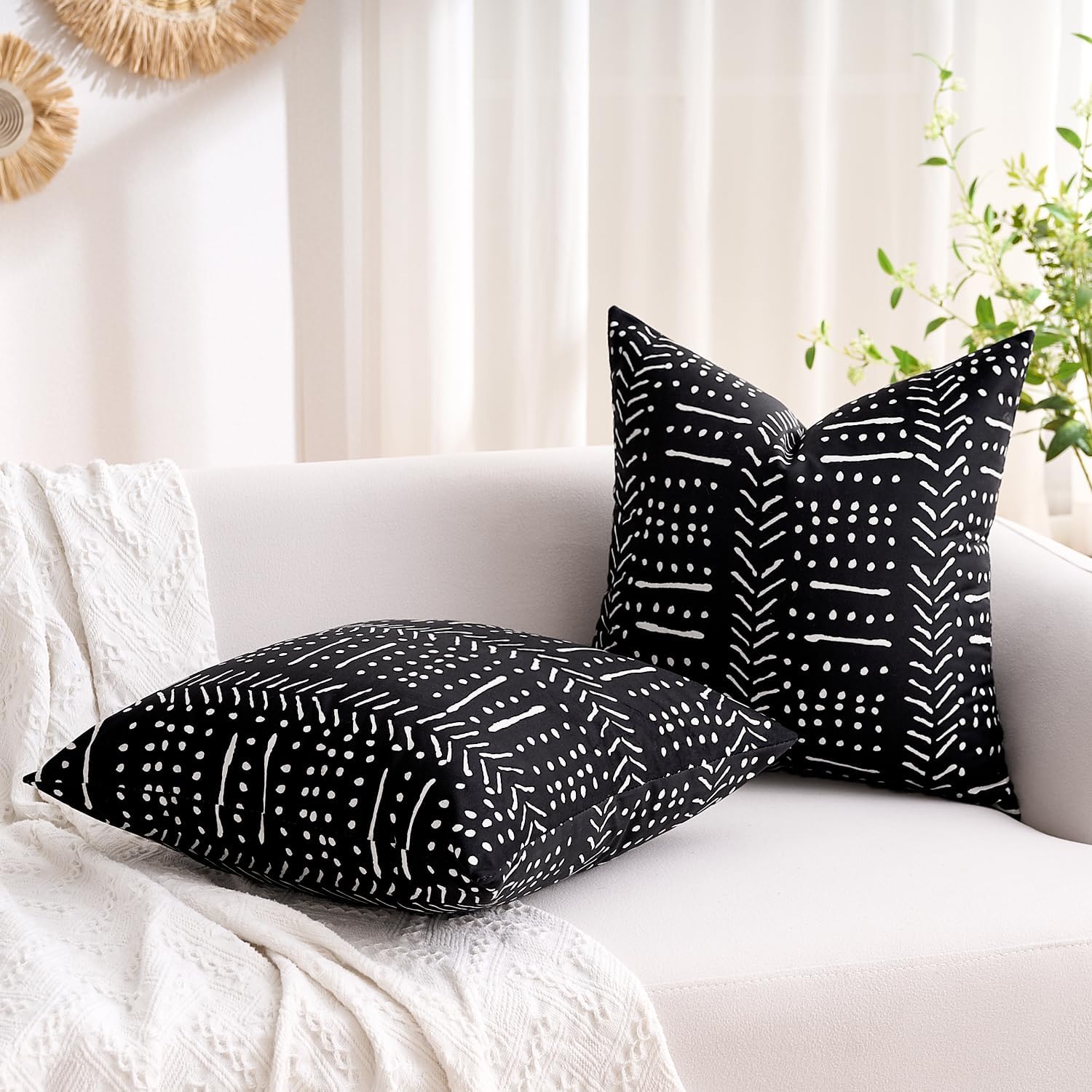 BONSTRAP Black and White Decorative Throw Pillows Covers for Couch Boho Square Accent Pillows Cover 12 x 12 Inch for Living Room Bed…