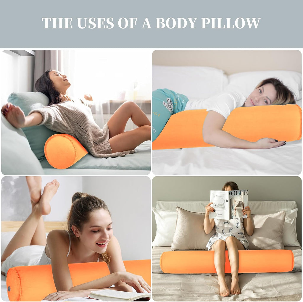 ONTYZZ Inflatable Long Body Pillow, Long Pillow for Bed, Oval Bolster Pillow for Good Sleeping and Back/Neck Support, 2pcs Orange
