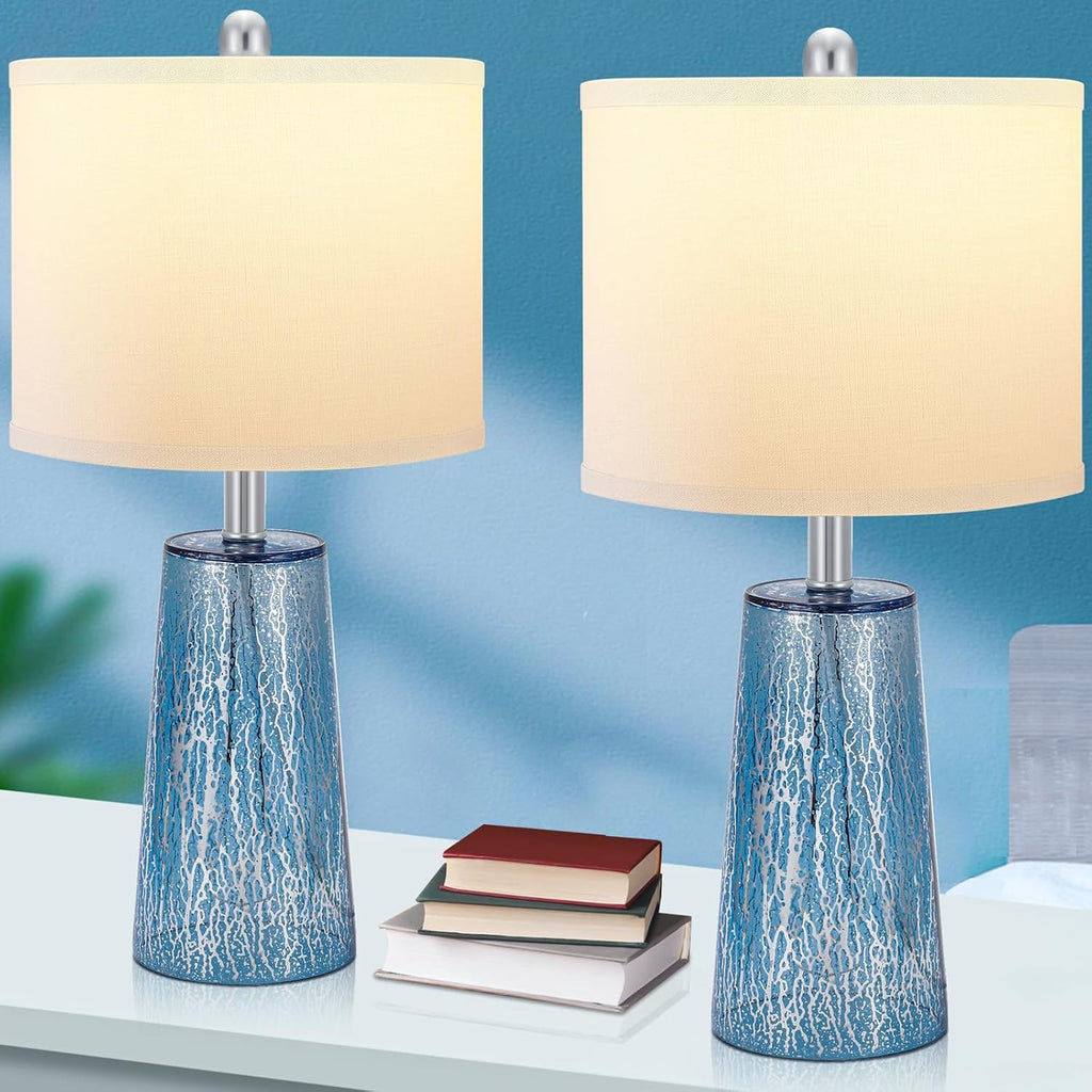 Modern Coastal Table Lamps 23” High Blue Silver Hand-Applied Mercury Tapered Column Glass Bedside Lamps, for Bedroom Living Room Home…