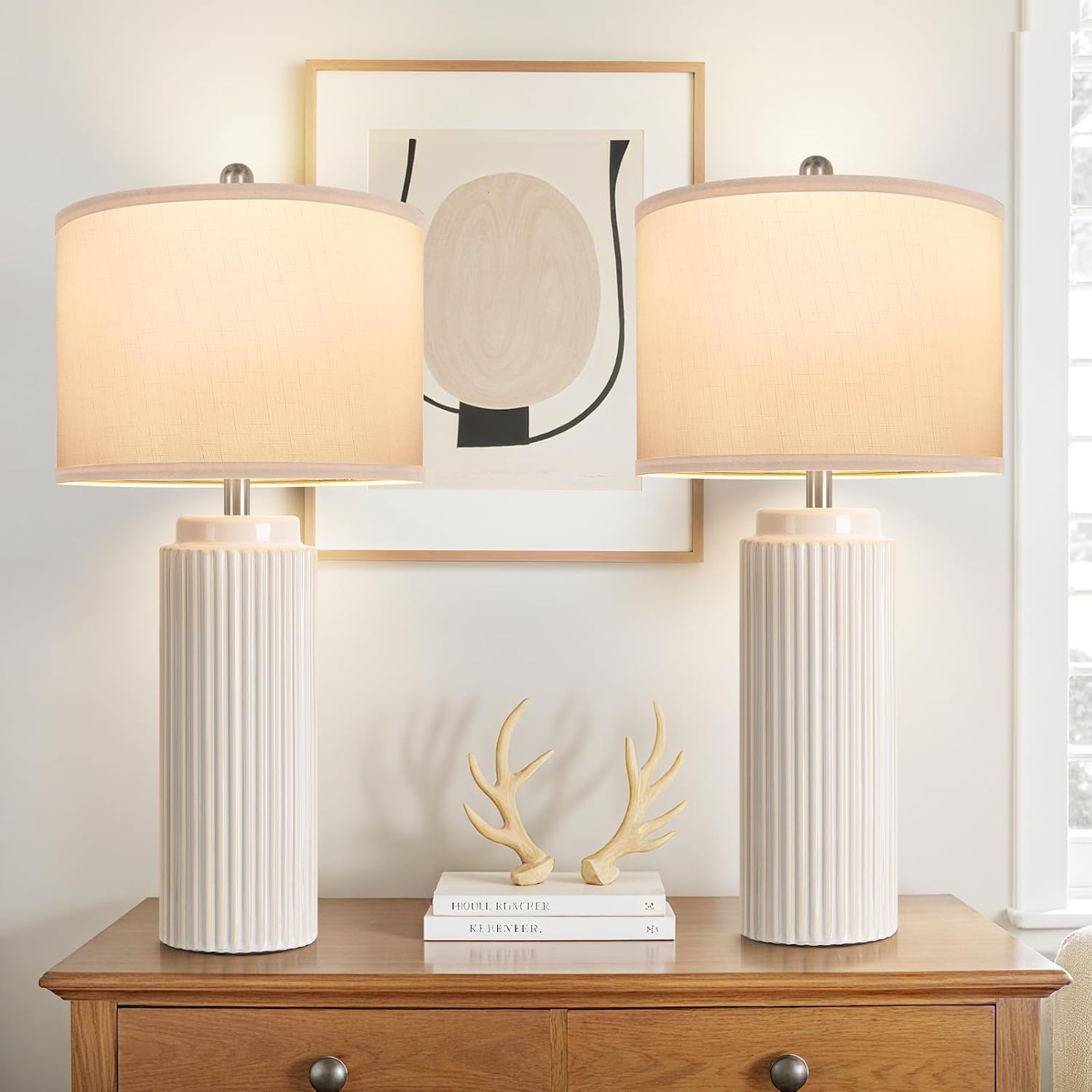 Tobusa 28’’ Farmhouse Ceramic Table Lamps Set of 2 for Living Room, Cream Vintage Bedside Table Lamps with White Linen Shade, Rustic Nights…