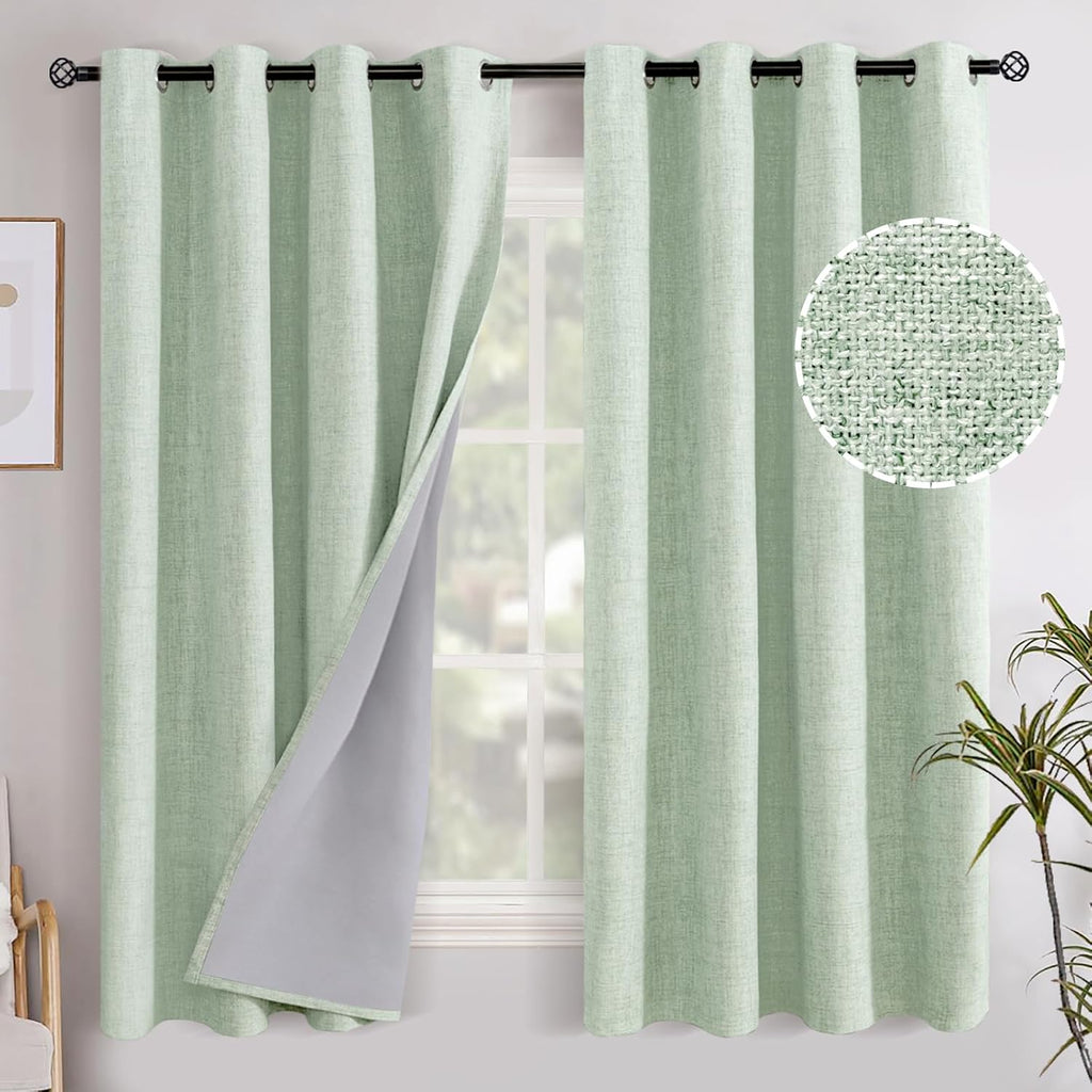 YoungsTex Green Linen Blackout Curtains 63 Inch Length for Bedroom, Sage Room Darkening Drapes with Grommet Privacy for Living Room Thermal…