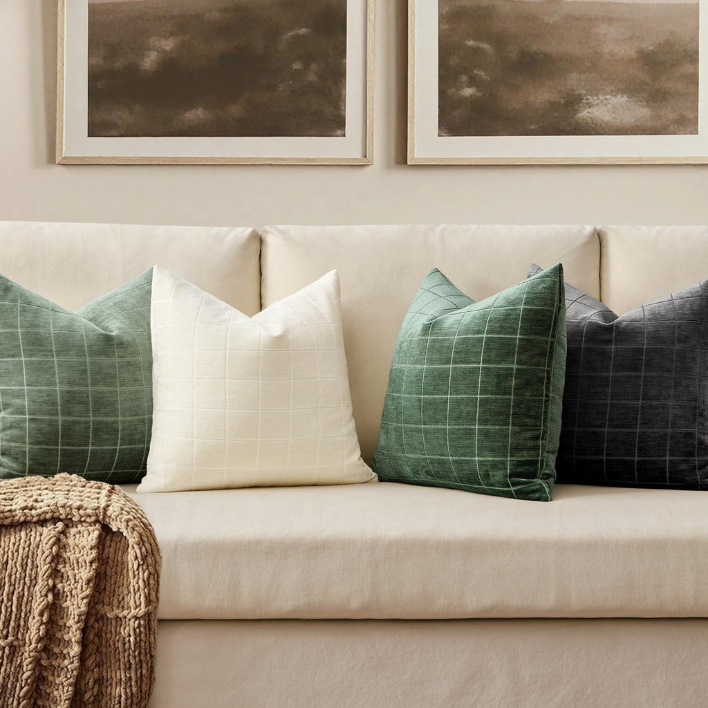 Miulee Decorative Chenille Check Throw Pillow Covers Vintage Plaid Couch Pillows 20x20 Inch Set of 2 Neutral Boho Farmhouse Cushion Covers…