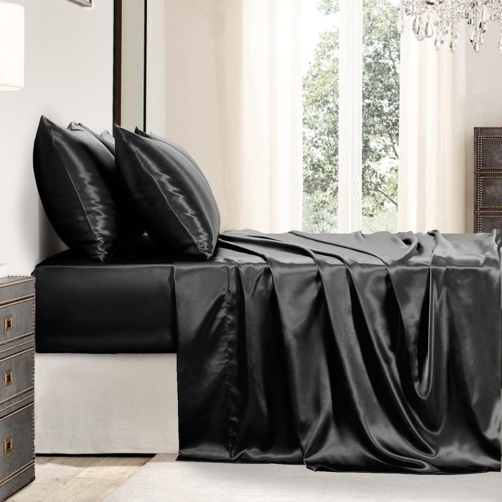 Golal Satin Sheets Full Size - 6 Pieces Luxury Silky Soft Bed Sheets, Wrinkle-Free Black Satin Silk Sheet Set with 1 Deep Pocket Fitted She…