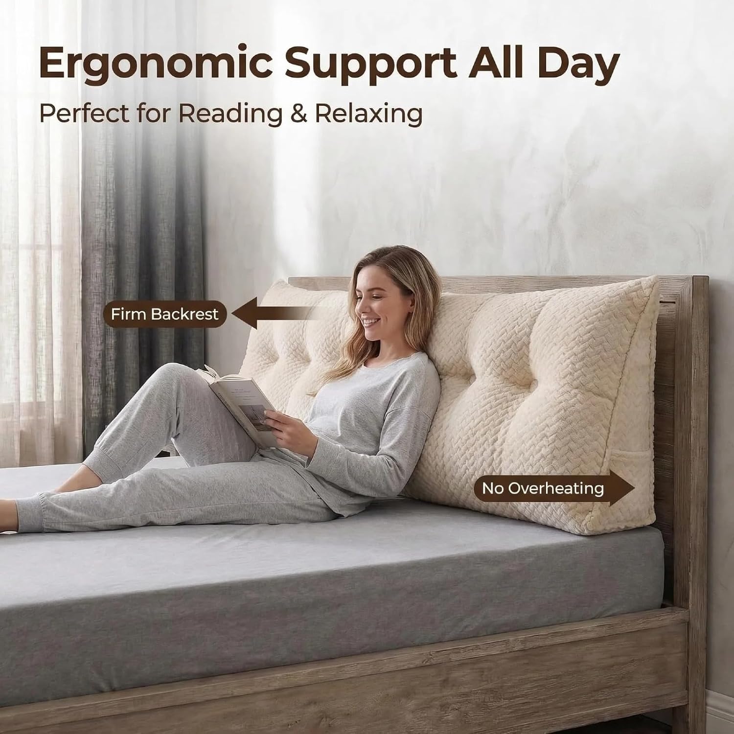 Headboard Pillow King Size, Reading Pillow for Bed, Wave Pattern Wedge Pillow, Tufted Backrest Support, Headboard Substitute, Beige