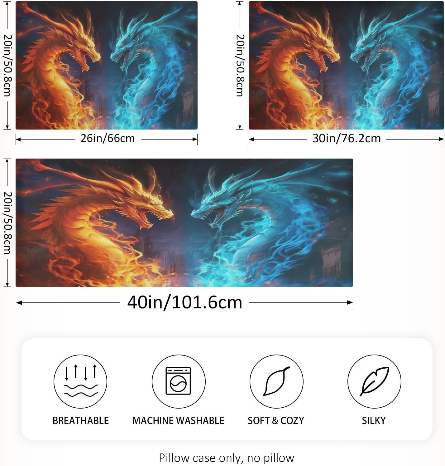 YETTASBIN Water Fire Dragon Satin Pillowcase, Soft Breathable Silk Pillow Case with Envelope Closure for Hair and Skin, King Size 40 x 20…
