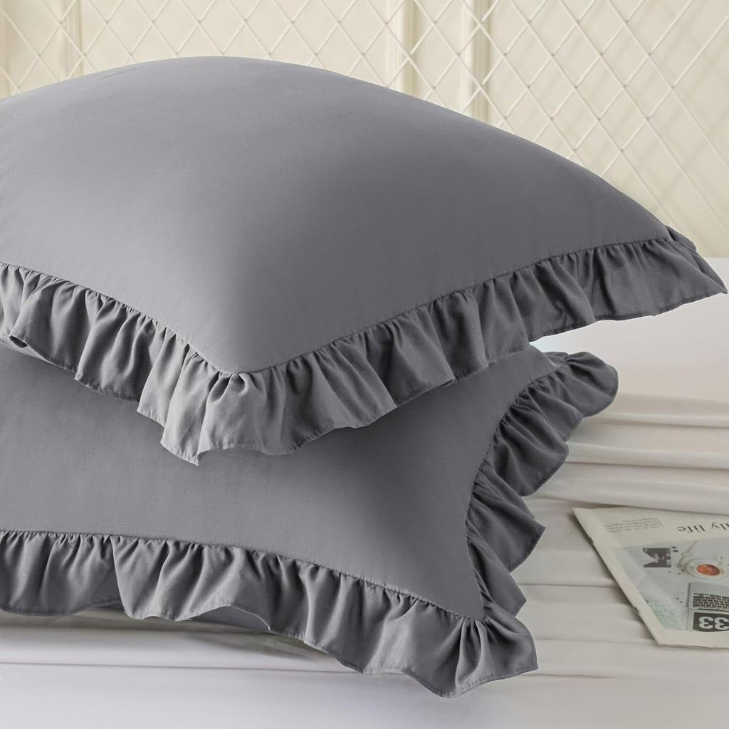 KKJIAF Ruffle Pillow Cases 24x24 Inches, Grey Square Ruffled Pillow Covers Set of 2, Microfiber Wrinkle Resistant Pillow Shams with…