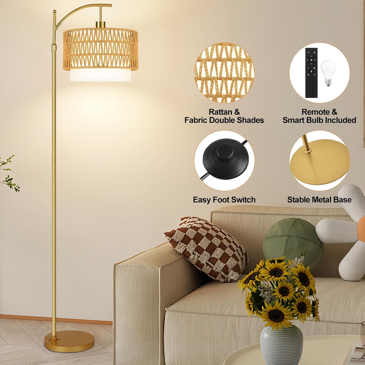 Gold Floor Lamps for Living Room Rattan Boho Floor Lamp with Remote Control & 3 Color Temperature, Dimmable Arc Floor Lamps Wicker Lamp…