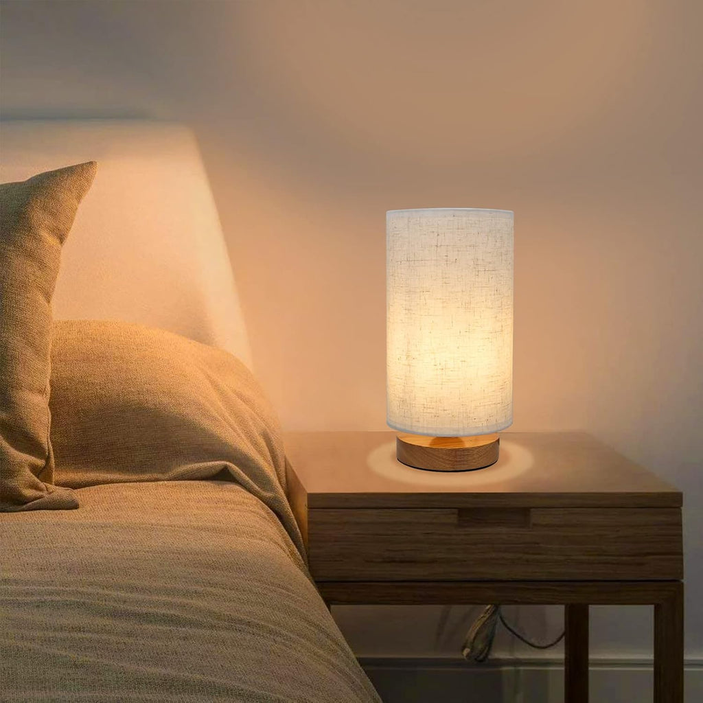 Minimalist Dimmable Nightstand Lamp with Round Fabric Linen Shade, 3 Color Temperatures, Desk & Bedside Lamp for Study, Living Room…