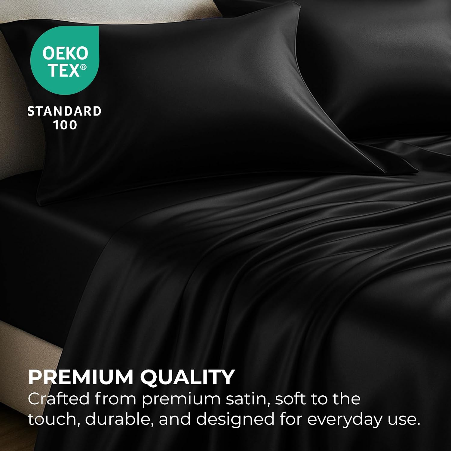 PureBedding Satin Sheets California King [4-Piece, Black] Luxury Silky Bed Sheets - Extra Soft 1800 Microfiber Sheet Set, Wrinkle, Fade, St…