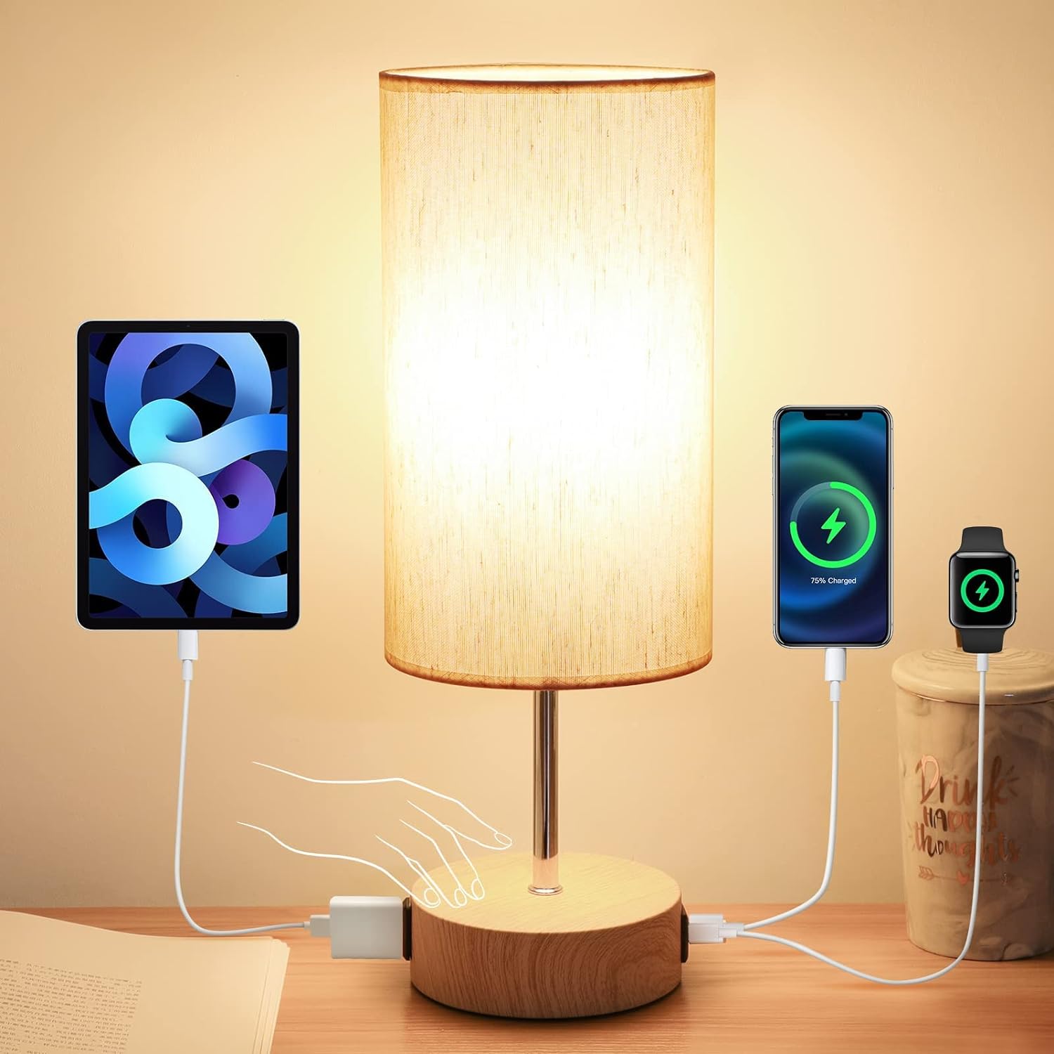 Yarra-Decor Bedside Lamp with USB A+C Charging Ports & AC Outlet Touch Control Table Lamp for Bedroom 3 Way Dimmable Nightstand Lamp with…