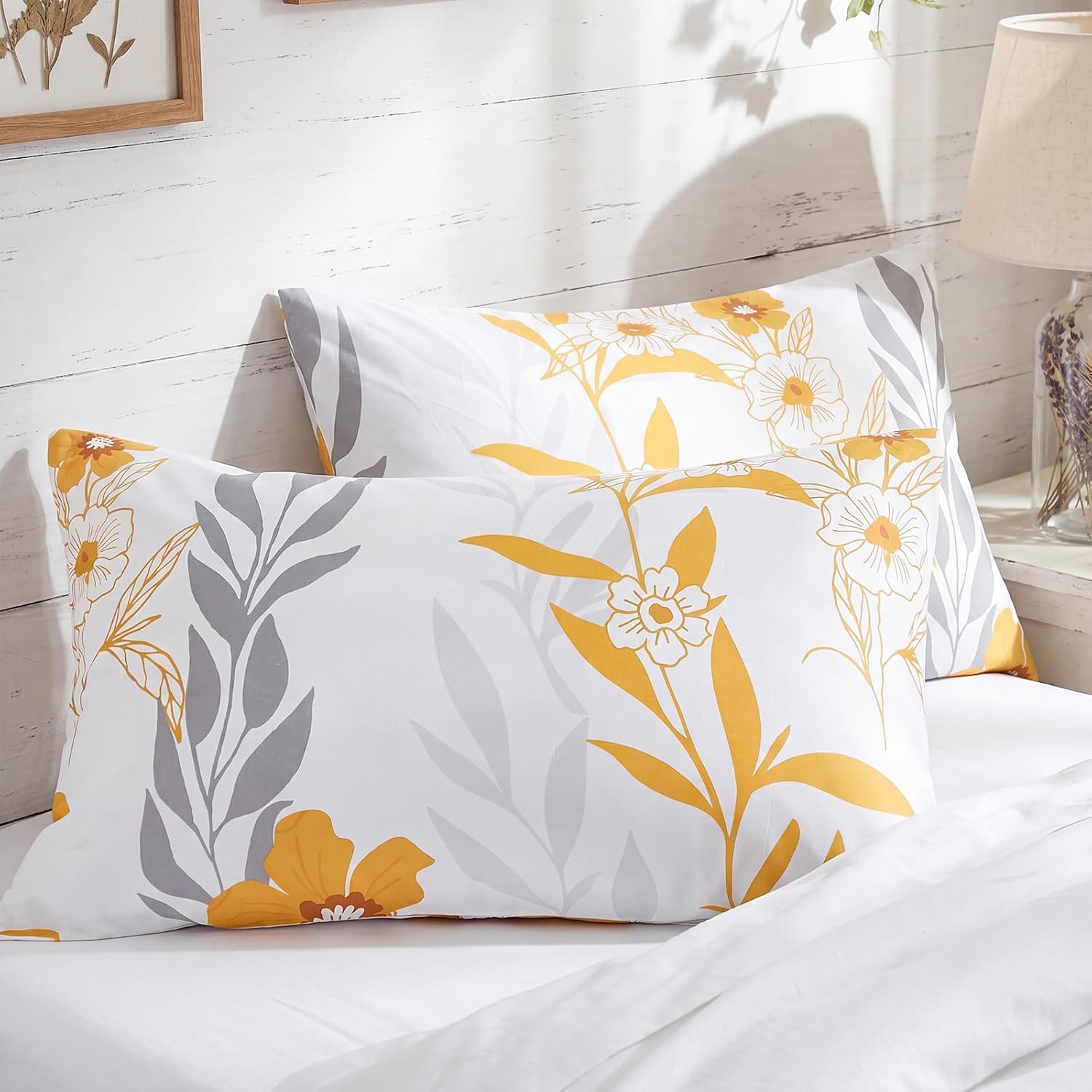 Bedorm 100% Cotton Pillowcases Standard Size Set of 2 Yellow Floral Pillow Covers Flower Leaf Botanical Print Decorative Pillow Cases with…