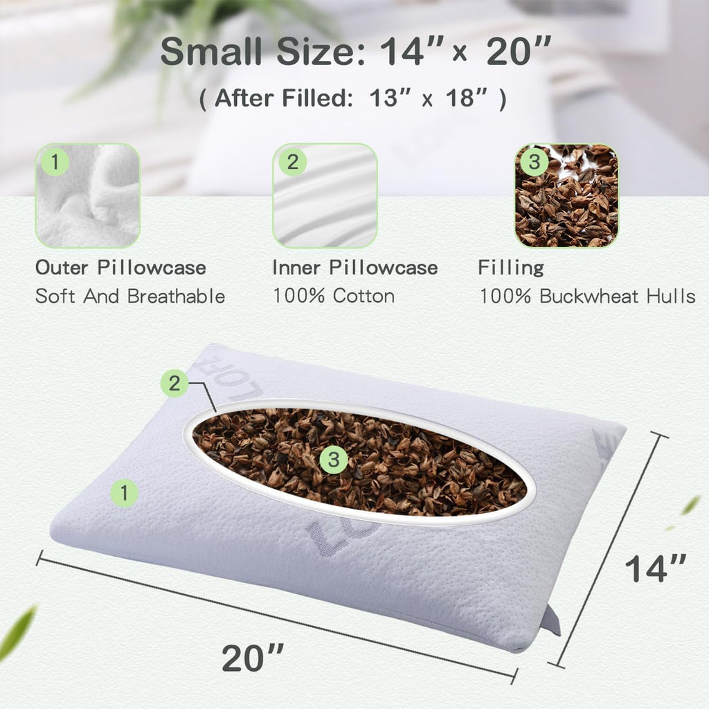 LOFE® Organic Buckwheat Pillow for Sleeping -14''x20'', Adjustable Loft, Breathable for Cool Sleep, Cervical Support for Back and Side…