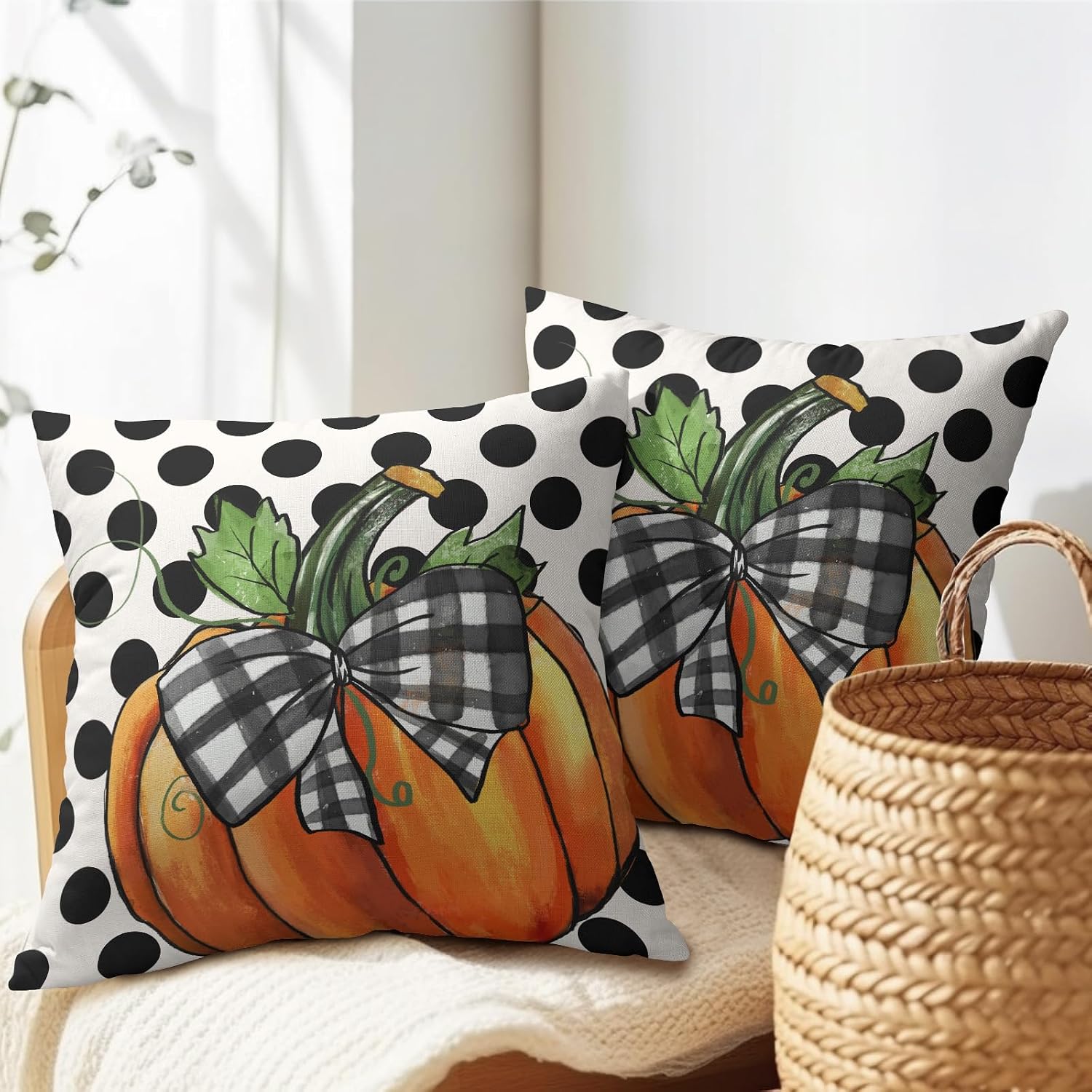 Fall Outdoor Pillows Covers 20x20 Inch Set of 2 Orange Pumpkin Black Polka Dot Decorative Throw Pillowcase Autumn Thanksgiving Seasonal…