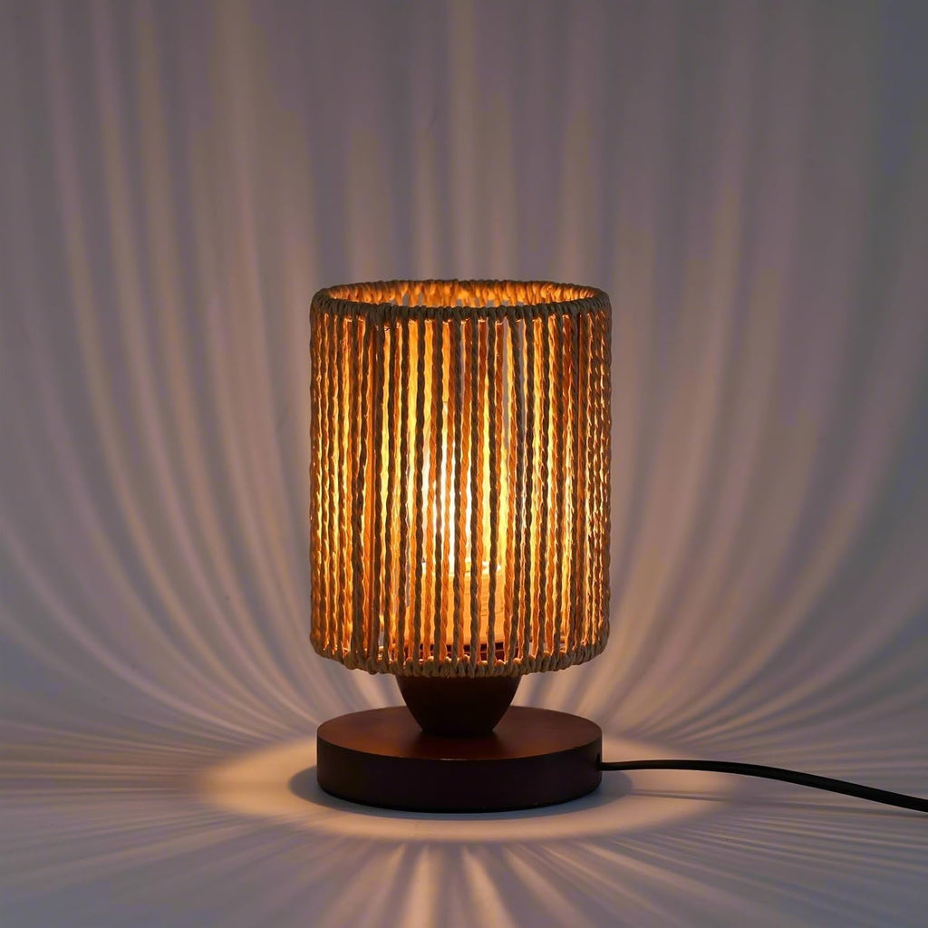 Small Rattan Table Lamp for Bedroom, Boho Bedside Lamp with Warm LED Bulb, Handwoven Wicker Nightstand Lamp for Nursery, Entryway & Dorm…