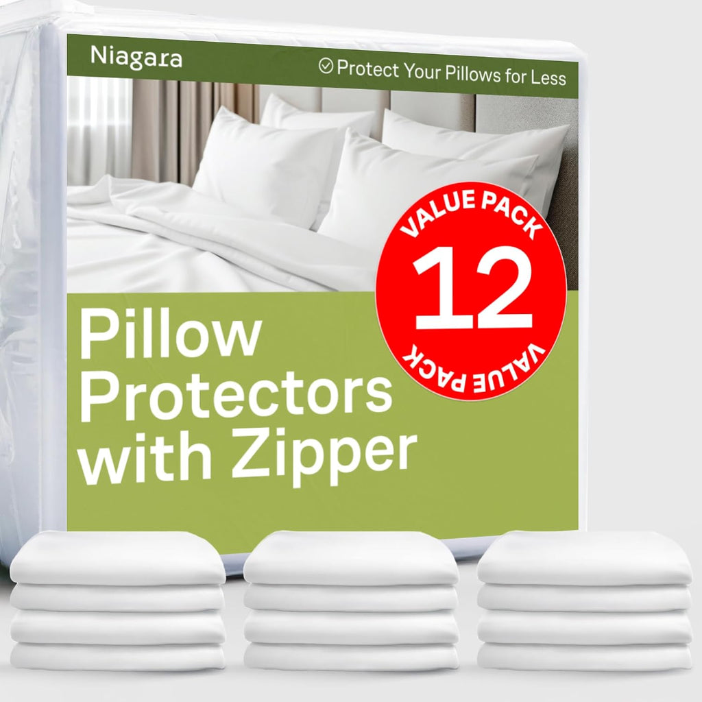 Ultra Soft Pillow Protectors with Zipper Standard Size - Set of 12 Breathable Pillow Covers - 100% Protection Against Stains, Dust & Dirt…
