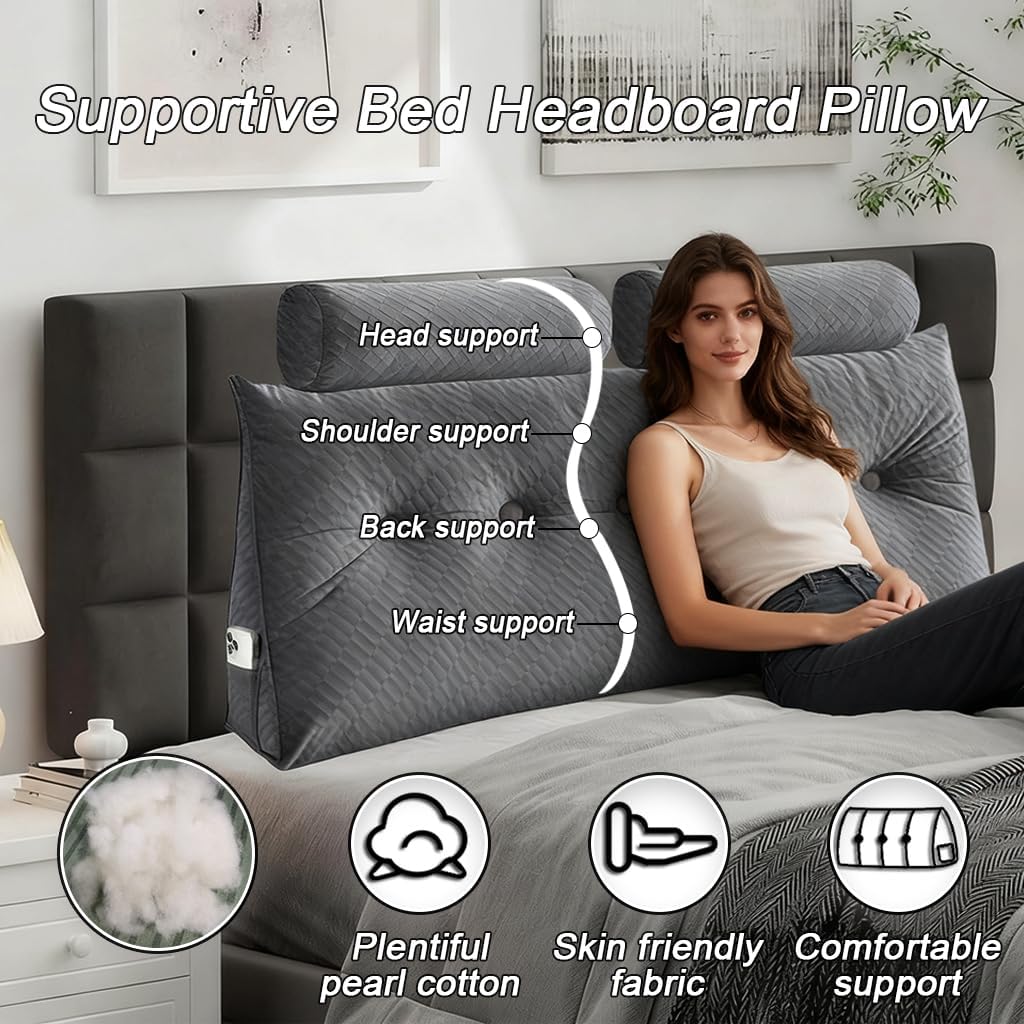 Velvet Triangular Headboard Wedge Pillow with Roll Pillow, Removable Cover Headboard Pillow Daybed Bunk Bed, Backrest Positioning Support…