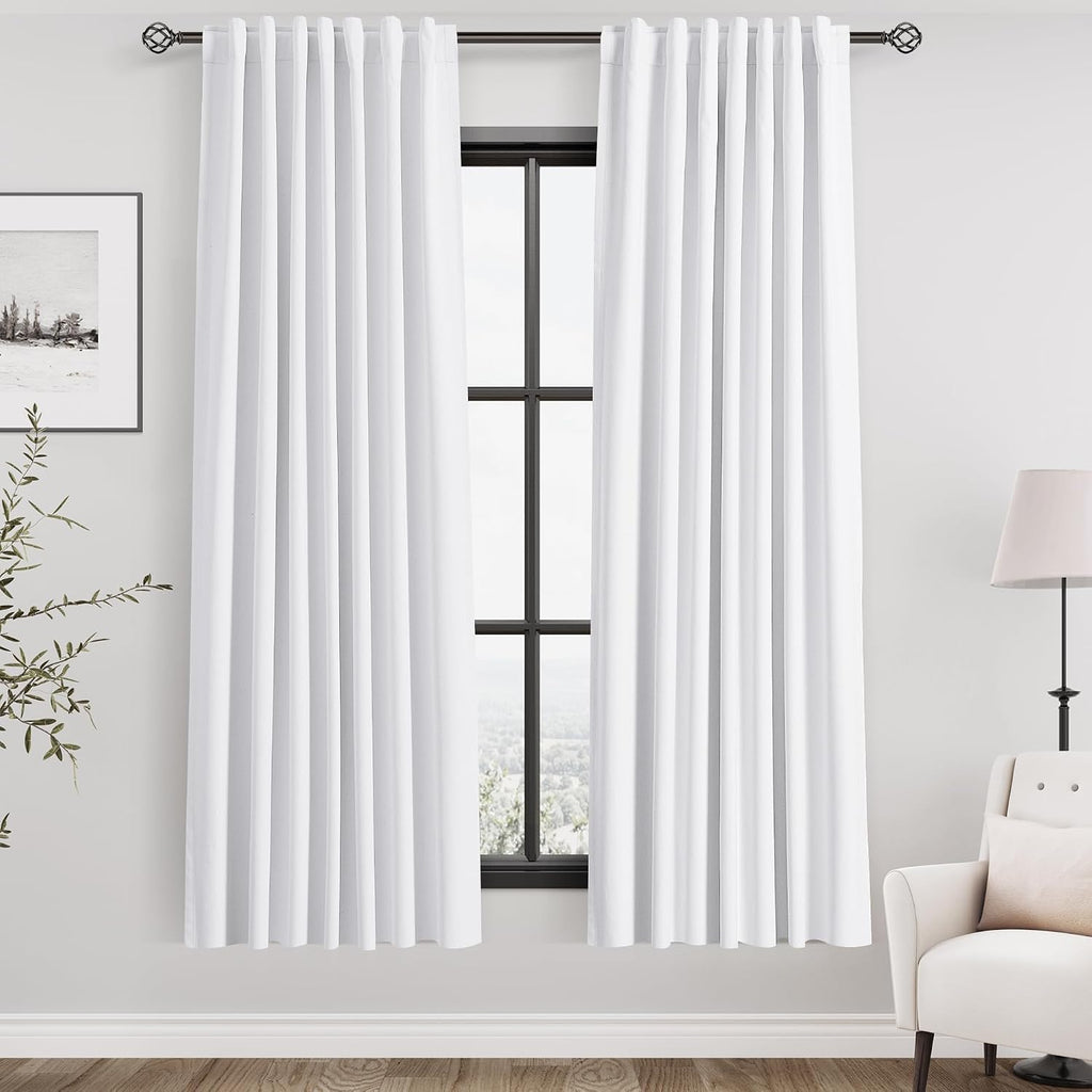 Nanspring White 100% Blackout Linen Curtains for Bedroom 72 Inches Long Back Tab Thermal Insulated Modern Farmhouse Decor Black Out Curtain…
