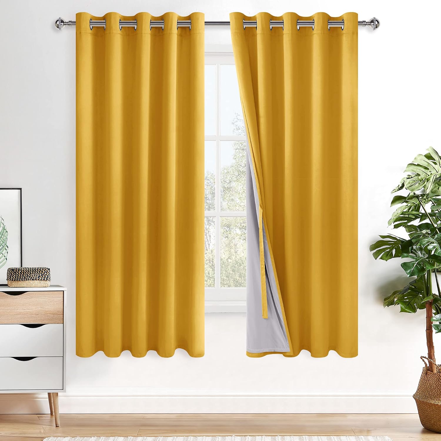 Xwzo Extra Wide 100% Blackout Curtains with Tiebacks- Privacy Protection & Noise Blocking Window Draperies Grommet Top with Black Liner for…